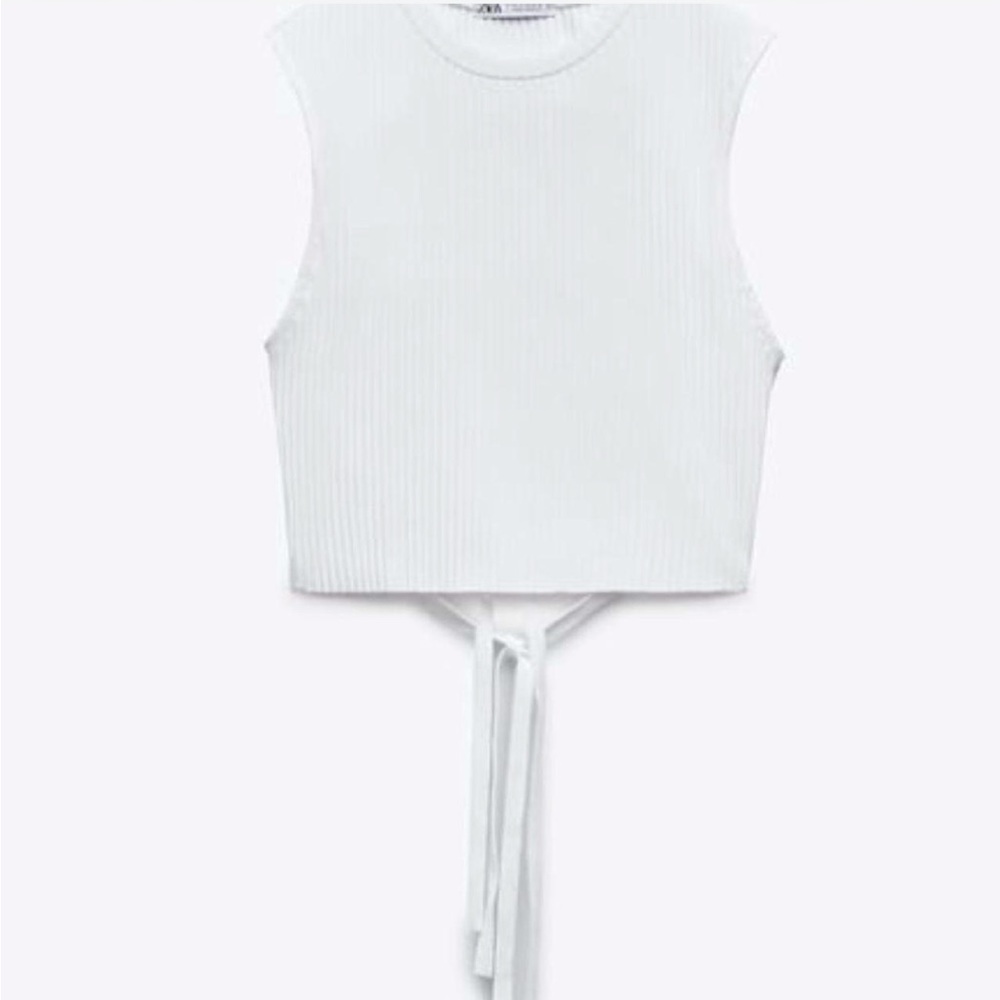 Zara White ribbed crop top with tie back detail